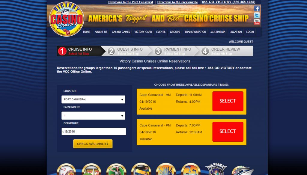 Victory Casino Cruise online reservation system webpage